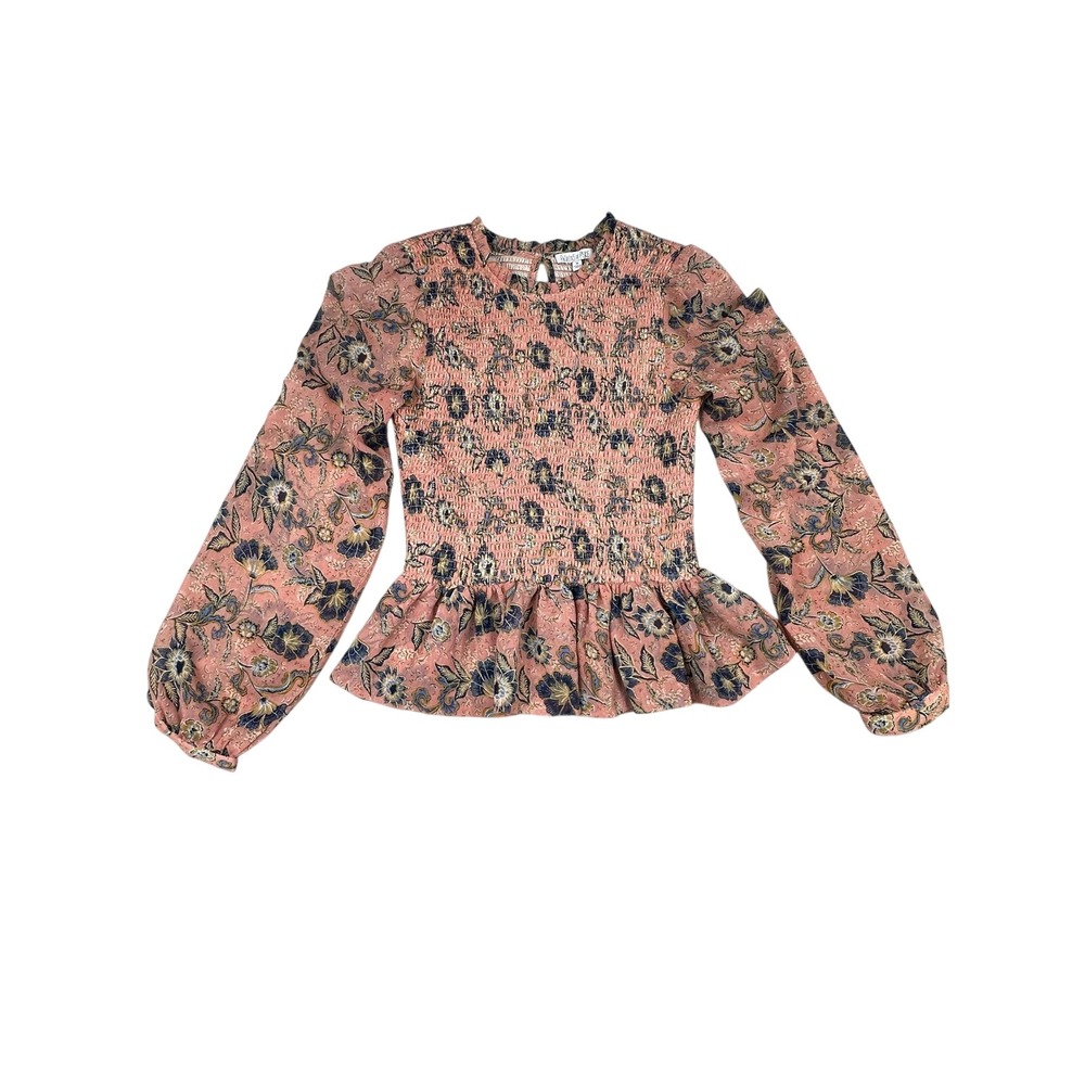 Patrons of Peace Blush‎ Pink Floral Smocked Peplum Blouse Long Sleeve Boho Med